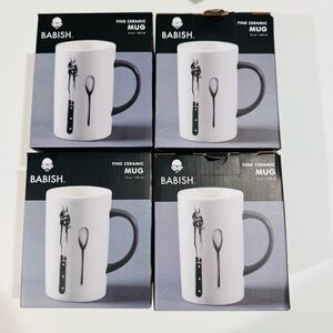 BABISH Carving Fork and Whisk Latte Tattoo Mug, 15oz Set of 4